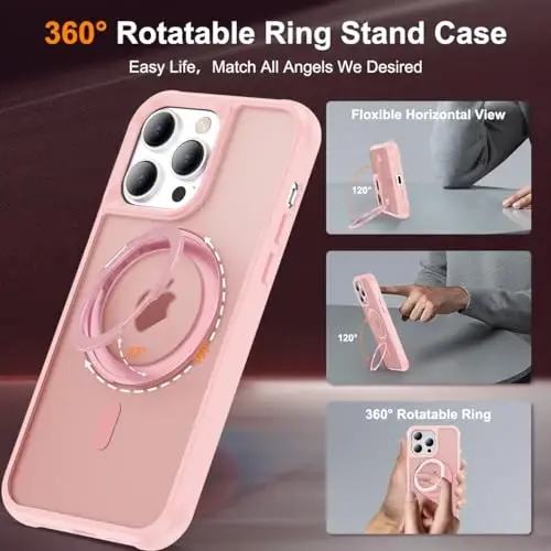 TOKVANZ iPhone 15 Pro Max uchun 360° aylanuvchi magnit halqali stendli g'ilof [Mag-Safe mos] [Harbiy darajadagi himoya] Shaffof matli telefon g'iloflari ayollar va erkaklar uchun 6,7'', pushti - 2