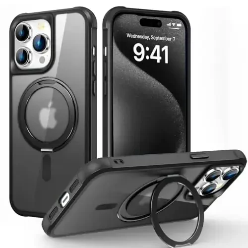 TOKVANZ iPhone 15 Pro Max uchun mo'ljallangan 360° aylanadigan magnitli halqali stendli g'ilof [Mag-Safe mos] [Harbiy darajadagi himoya] Shaffof matli telefon g'iloflari ayollar va erkaklar uchun 6,7'', Qora 