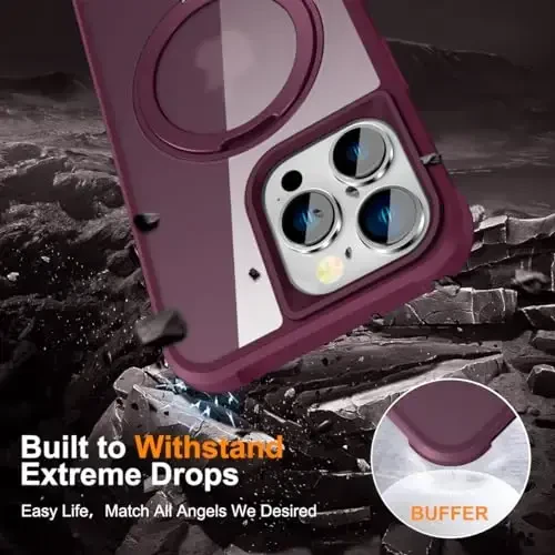 TOKVANZ iPhone 15 Pro Max uchun mo'ljallangan g'ilof, 360° aylanadigan magnit halqali stend bilan [Mag-Safe mos] [Harbiy darajadagi himoya] Yarim shaffof mat telefon g'iloflari ayollar va erkaklar uchun 6.1'', vino rangi - 6