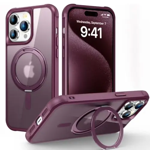 TOKVANZ iPhone 15 Pro Max uchun mo'ljallangan g'ilof, 360° aylanadigan magnit halqali stend bilan [Mag-Safe mos] [Harbiy darajadagi himoya] Yarim shaffof mat telefon g'iloflari ayollar va erkaklar uchun 6.1'', vino rangi - TOKVANZ