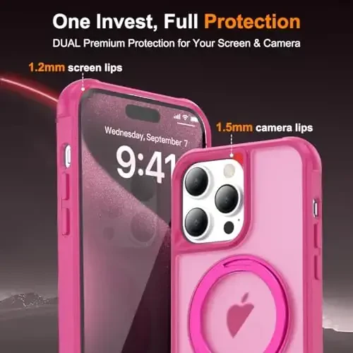 TOKVANZ iPhone 15 Pro uchun 360° aylanadigan magnit halqali stendga ega [Mag-Safe mos] [Harbiy darajadagi himoya] Shaffof matli telefon qutilari ayollar va erkaklar uchun 6.1'', och qizil - 7