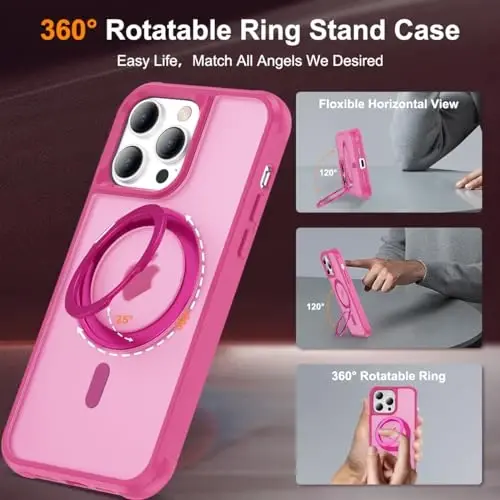 TOKVANZ iPhone 15 Pro uchun 360° aylanadigan magnit halqali stendga ega [Mag-Safe mos] [Harbiy darajadagi himoya] Shaffof matli telefon qutilari ayollar va erkaklar uchun 6.1'', och qizil - TOKVANZ (1)