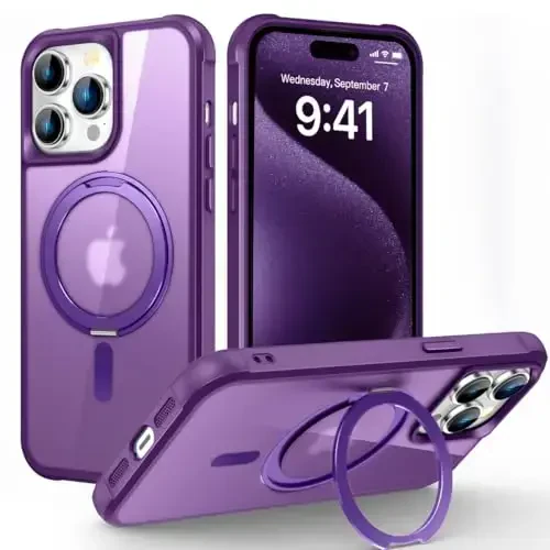 TOKVANZ iPhone 15 Pro uchun 360° aylanuvchi magnitli halqali stendli g'ilof [Mag-Safe mos] [Harbiy darajadagi himoya] Shaffof matli telefon g'iloflari ayollar va erkaklar uchun 6,1'', binafsha 