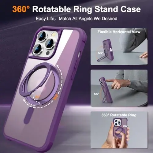 TOKVANZ iPhone 15 Pro uchun 360° aylanuvchi magnitli halqali stendli g'ilof [Mag-Safe mos] [Harbiy darajadagi himoya] Shaffof matli telefon g'iloflari ayollar va erkaklar uchun 6,1'', binafsha - 2