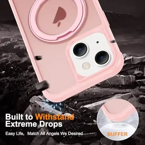 TOKVANZ iPhone 15 uchun mo'ljallangan g'ilof 360° aylanadigan magnit halqali stend bilan [Mag-Safe bilan mos] [Harbiy darajadagi himoya] Ayollar va erkaklar uchun shaffof mat telefon g'iloflari 6.1'', pushti - 6