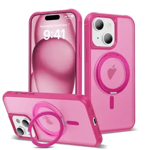TOKVANZ iPhone 15 uchun mo'ljallangan g'ilof 360° aylanuvchi magnitli halqa stend bilan [Mag-Safe mos] [Harbiy darajadagi himoya] Ayollar va erkaklar uchun yarim shaffof mat qoplamali telefon g'iloflari 6,1'', pushti qizil - TOKVANZ