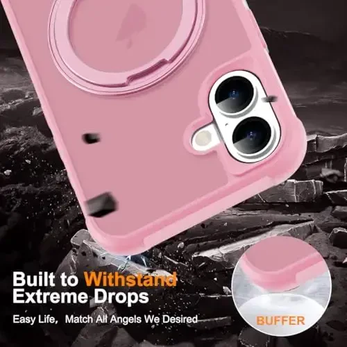 TOKVANZ for iPhone 16 Case with 360° Rotatable Magnetic Ring Stand [Compatible Mag-Safe] [Military Grade Protection] Translucent Matte Phone Cases for Women Men 6.1'', Pink - 6
