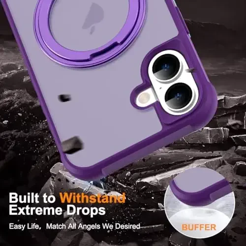 TOKVANZ for iPhone 16 Case with 360° Rotatable Magnetic Ring Stand [Compatible Mag-Safe] [Military Grade Protection] Translucent Matte Phone Cases for Women Men 6.1'', Purple - 6