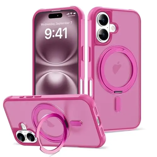 TOKVANZ for iPhone 16 Case with 360° Rotatable Magnetic Ring Stand [Compatible Mag-Safe] [Military Grade Protection] Translucent Matte Phone Cases for Women Men 6.1'', Rose Red - 1