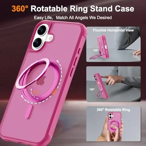 TOKVANZ for iPhone 16 Case with 360° Rotatable Magnetic Ring Stand [Compatible Mag-Safe] [Military Grade Protection] Translucent Matte Phone Cases for Women Men 6.1'', Rose Red - 2