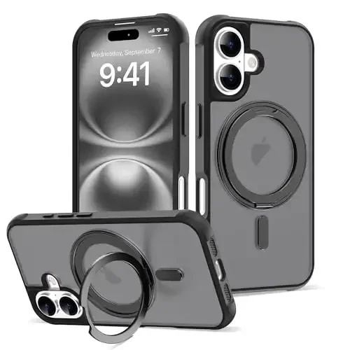TOKVANZ for iPhone 16 Case with 360° Rotatable Magnetic Ring Stand [Compatible Mag-Safe] [Military Grade Protection] Translucent Matte Phone Cases for Women Men 6.1'', Black - 1