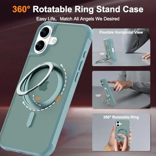 TOKVANZ iPhone 16 Kılıfı 360° Dönebilen Manyetik Yüzük Standlı [Mag-Safe Uyumlu] [Askeri Sınıf Koruma] Kadın Erkek için Yarı Saydam Mat Telefon Kılıfları 6.1'', Yeşil - 2