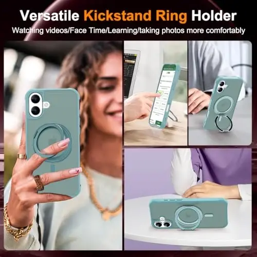 TOKVANZ iPhone 16 Kılıfı 360° Dönebilen Manyetik Yüzük Standlı [Mag-Safe Uyumlu] [Askeri Sınıf Koruma] Kadın Erkek için Yarı Saydam Mat Telefon Kılıfları 6.1'', Yeşil - 4