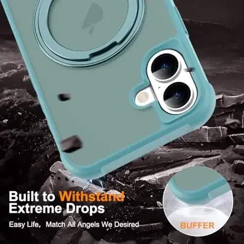 TOKVANZ for iPhone 16 Case with 360° Rotatable Magnetic Ring Stand [Compatible Mag-Safe] [Military Grade Protection] Translucent Matte Phone Cases for Women Men 6.1'', Green - 6