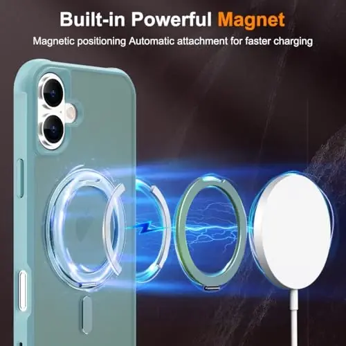 TOKVANZ iPhone 16 Plus uchun 360° aylanadigan magnit halqali stendli g'ilof [Mag-Safe mos] [Harbiy darajadagi himoya] Ayollar va erkaklar uchun yarim shaffof matli telefon g'iloflari 6.7'', yashil - 3