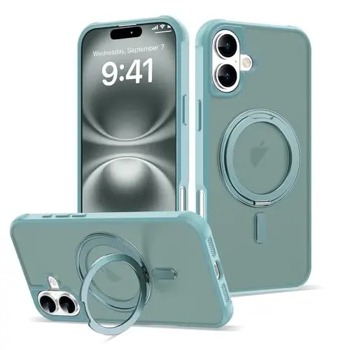 TOKVANZ iPhone 16 Plus uchun 360° aylanadigan magnit halqali stendli g'ilof [Mag-Safe mos] [Harbiy darajadagi himoya] Ayollar va erkaklar uchun yarim shaffof matli telefon g'iloflari 6.7'', yashil - TOKVANZ