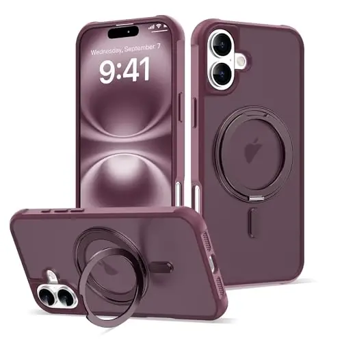TOKVANZ iPhone 16 Plus uchun 360° aylanuvchi magnitli halqali stendli g'ilof [Mag-Safe mos] [Harbiy darajadagi himoya] Shaffof matli telefon g'iloflari ayollar va erkaklar uchun 6.7'', vino rangi 