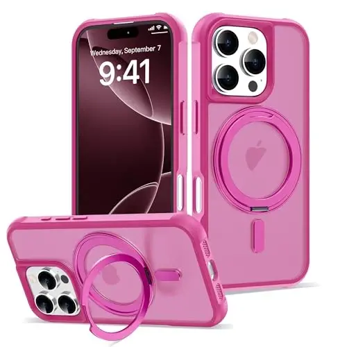 TOKVANZ for iPhone 16 Pro Case with 360° Rotatable Magnetic Ring Stand [Compatible Mag-Safe] [Military Grade Protection] Translucent Matte Phone Cases for Women Men 6.3'', Rose Red - TOKVANZ