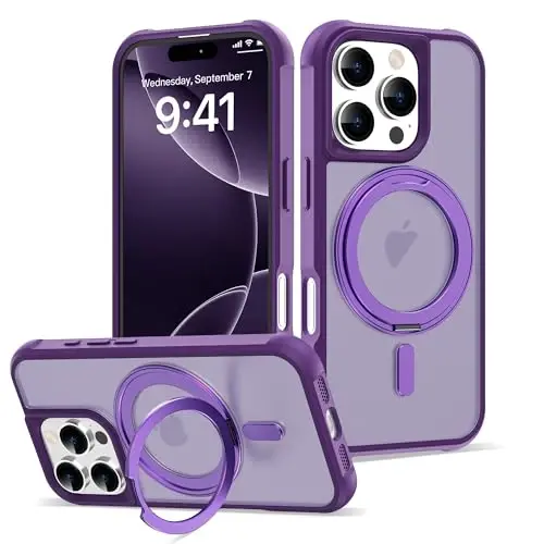 TOKVANZ for iPhone 16 Pro Case with 360° Rotatable Magnetic Ring Stand [Compatible Mag-Safe] [Military Grade Protection] Translucent Matte Phone Cases for Women Men 6.3'',Purple - 1