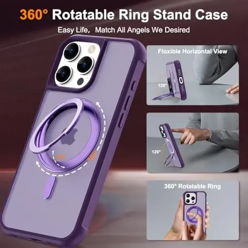 TOKVANZ for iPhone 16 Pro Case with 360° Rotatable Magnetic Ring Stand [Compatible Mag-Safe] [Military Grade Protection] Translucent Matte Phone Cases for Women Men 6.3'',Purple - 2
