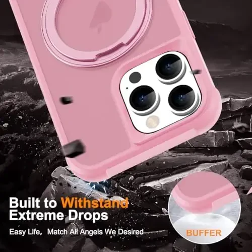 TOKVANZ for iPhone 16 Pro Max Case with 360° Rotatable Magnetic Ring Stand [Compatible Mag-Safe] [Military Grade Protection] Translucent Matte Phone Cases for Women Men 6.9'', Pink - 6