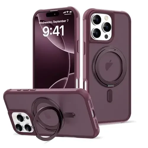 TOKVANZ for iPhone 16 Pro Max Case with 360° Rotatable Magnetic Ring Stand [Compatible Mag-Safe] [Military Grade Protection] Translucent Matte Phone Cases for Women Men 6.9'', Wine Red - 1