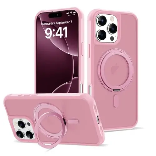 TOKVANZ iPhone 16 Pro Max uchun 360° aylanadigan magnit halqali stendli g'ilof [Mag-Safe mos] [Harbiy darajadagi himoya] Shaffof matli telefon g'iloflari ayollar va erkaklar uchun 6.9'', pushti 