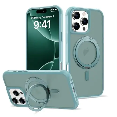 TOKVANZ iPhone 16 Pro Max uchun 360° aylanadigan magnitli halqali stendli gʻilof [Mag-Safe bilan mos] [Harbiy darajadagi himoya] Ayollar va erkaklar uchun shaffof matli telefon gʻiloflari 6.9'', Yashil 