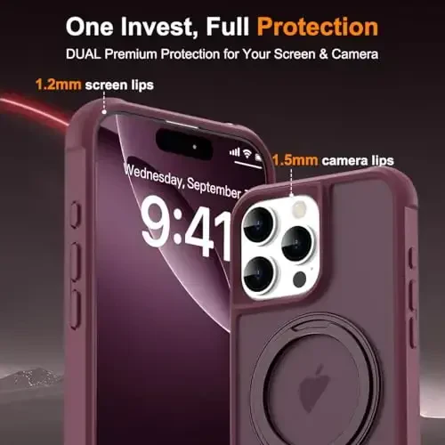 TOKVANZ iPhone 16 Pro uchun 360° aylanadigan magnit halqali stendli g‘ilof [Mag-Safe bilan mos] [Harbiy darajadagi himoya] Ayollar va erkaklar uchun yarim shaffof matli telefon g‘iloflari 6,3 dyuym, to‘q qizil - 7