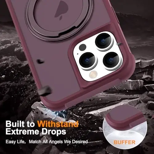 TOKVANZ iPhone 16 Pro uchun 360° aylanadigan magnit halqali stendli g‘ilof [Mag-Safe bilan mos] [Harbiy darajadagi himoya] Ayollar va erkaklar uchun yarim shaffof matli telefon g‘iloflari 6,3 dyuym, to‘q qizil - 6