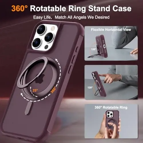 TOKVANZ iPhone 16 Pro uchun 360° aylanadigan magnit halqali stendli g‘ilof [Mag-Safe bilan mos] [Harbiy darajadagi himoya] Ayollar va erkaklar uchun yarim shaffof matli telefon g‘iloflari 6,3 dyuym, to‘q qizil - 2