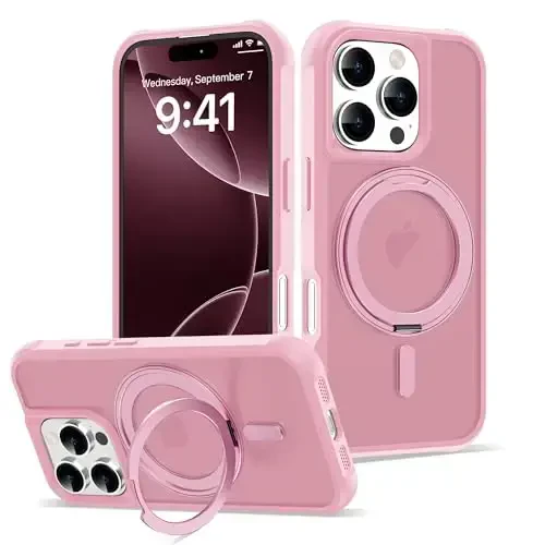 TOKVANZ iPhone 16 Pro uchun 360° aylanadigan magnitli halqali stendli g'ilof [Mag-Safe bilan mos] [Harbiy darajadagi himoya] Ayollar va erkaklar uchun yarim shaffof matli telefon g'iloflari 6,3'', Pushti 