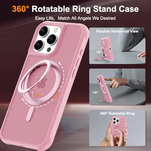 TOKVANZ iPhone 16 Pro uchun 360° aylanadigan magnitli halqali stendli g'ilof [Mag-Safe bilan mos] [Harbiy darajadagi himoya] Ayollar va erkaklar uchun yarim shaffof matli telefon g'iloflari 6,3'', Pushti - 2