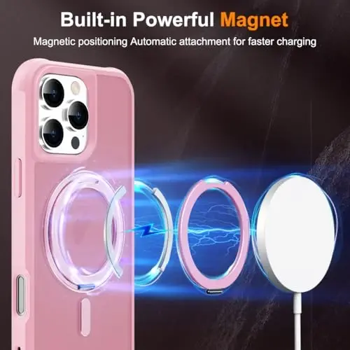 TOKVANZ iPhone 16 Pro uchun 360° aylanadigan magnitli halqali stendli g'ilof [Mag-Safe bilan mos] [Harbiy darajadagi himoya] Ayollar va erkaklar uchun yarim shaffof matli telefon g'iloflari 6,3'', Pushti - 3