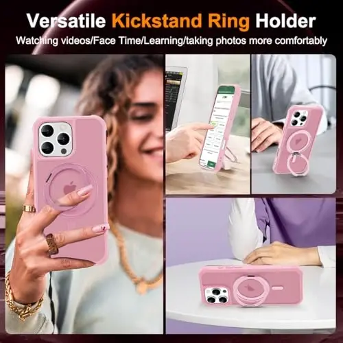 TOKVANZ iPhone 16 Pro uchun 360° aylanadigan magnitli halqali stendli g'ilof [Mag-Safe bilan mos] [Harbiy darajadagi himoya] Ayollar va erkaklar uchun yarim shaffof matli telefon g'iloflari 6,3'', Pushti - 4