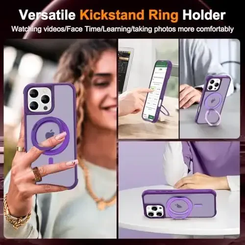 TOKVANZ iPhone 16 Pro uchun 360° aylanuvchi magnit halqali stendli g'ilof [Mag-Safe bilan mos] [Harbiy darajadagi himoya] Ayollar va erkaklar uchun yarim shaffof matli telefon g'iloflari 6.3'', binafsha - 4