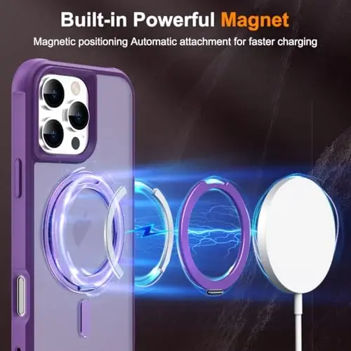 TOKVANZ iPhone 16 Pro uchun 360° aylanuvchi magnit halqali stendli g'ilof [Mag-Safe bilan mos] [Harbiy darajadagi himoya] Ayollar va erkaklar uchun yarim shaffof matli telefon g'iloflari 6.3'', binafsha - 3