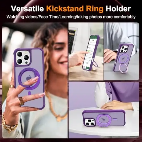 TOKVANZ iPhone 16 Pro uchun 360° aylanuvchi magnit halqali stendli g'ilof [Mag-Safe bilan mos] [Harbiy darajadagi himoya] Ayollar va erkaklar uchun yarim shaffof matli telefon g'iloflari 6.3'', binafsha - 4