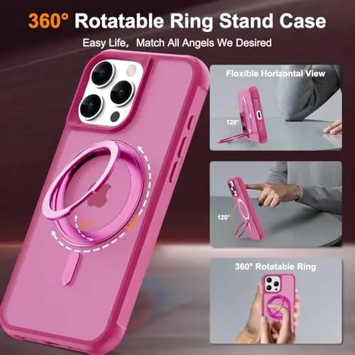 TOKVANZ iPhone 16 Pro uchun g'ilof, 360° aylanadigan magnit halqali stend [Mag-Safe bilan mos] [Harbiy darajadagi himoya] Ayollar va erkaklar uchun yarim shaffof matli telefon g'iloflari 6,3'', pushti qizil - 2
