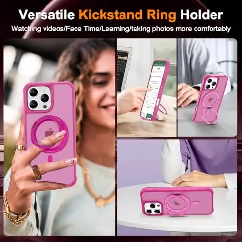 TOKVANZ iPhone 16 Pro uchun g'ilof, 360° aylanadigan magnit halqali stend [Mag-Safe bilan mos] [Harbiy darajadagi himoya] Ayollar va erkaklar uchun yarim shaffof matli telefon g'iloflari 6,3'', pushti qizil - 4