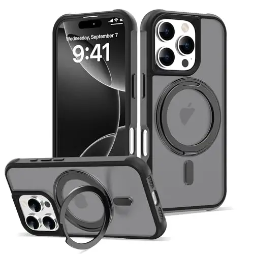 TOKVANZ iPhone 16 Pro uchun g'ilof 360° aylanadigan magnit halqali stend [Mag-Safe bilan mos] [Harbiy darajadagi himoya] Ayollar va erkaklar uchun yarim shaffof matli telefon g'iloflari 6,3'', Qora 