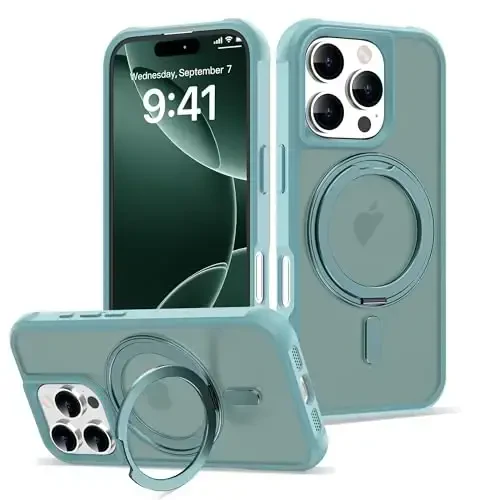 TOKVANZ iPhone 16 Pro uchun g'ilof 360° aylanuvchi magnit halqali stend bilan [Mag-Safe mos] [Harbiy darajadagi himoya] Yarim shaffof matli telefon g'iloflari ayollar va erkaklar uchun 6.3'', Yashil 