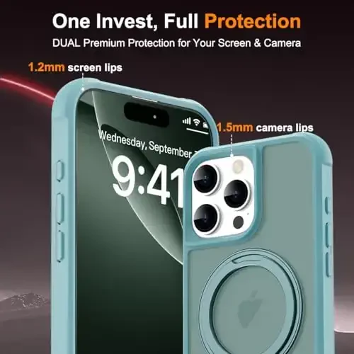 TOKVANZ iPhone 16 Pro uchun g'ilof 360° aylanuvchi magnit halqali stend bilan [Mag-Safe mos] [Harbiy darajadagi himoya] Yarim shaffof matli telefon g'iloflari ayollar va erkaklar uchun 6.3'', Yashil - 7