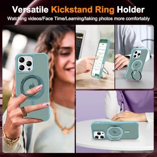 TOKVANZ iPhone 16 Pro uchun g'ilof 360° aylanuvchi magnit halqali stend bilan [Mag-Safe mos] [Harbiy darajadagi himoya] Yarim shaffof matli telefon g'iloflari ayollar va erkaklar uchun 6.3'', Yashil - 4