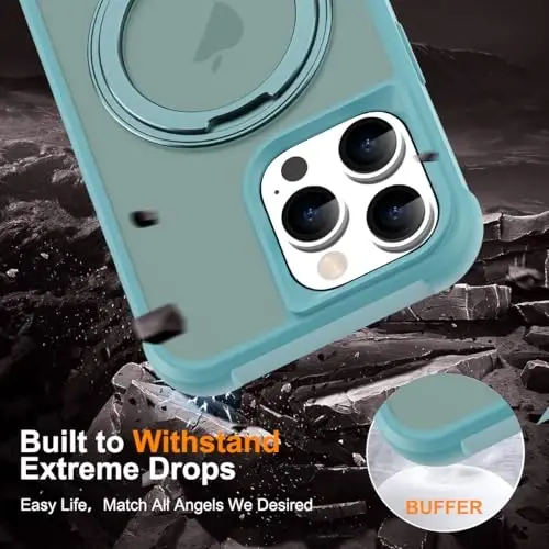 TOKVANZ iPhone 16 Pro uchun g'ilof 360° aylanuvchi magnit halqali stend bilan [Mag-Safe mos] [Harbiy darajadagi himoya] Yarim shaffof matli telefon g'iloflari ayollar va erkaklar uchun 6.3'', Yashil - 6