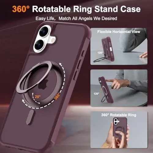 TOKVANZ iPhone 16 uchun 360° aylanadigan magnit halqali stendli g'ilof [Mag-Safe mos] [Harbiy darajadagi himoya] Ayollar va erkaklar uchun yarim shaffof mat telefon g'iloflari 6.1'', to'q qizil - 2