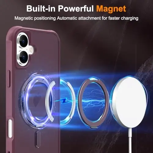TOKVANZ iPhone 16 uchun 360° aylanadigan magnit halqali stendli g'ilof [Mag-Safe mos] [Harbiy darajadagi himoya] Ayollar va erkaklar uchun yarim shaffof mat telefon g'iloflari 6.1'', to'q qizil - 3
