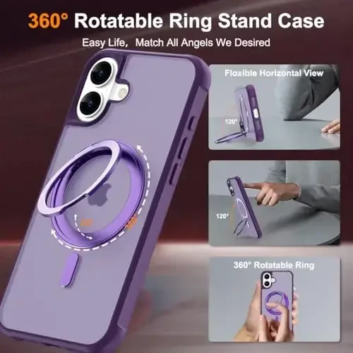 TOKVANZ iPhone 16 uchun 360° aylanadigan magnitli halqali stendli g'ilof [Mag-Safe mos] [Harbiy darajadagi himoya] Ayollar va erkaklar uchun yarim shaffof matli telefon g'iloflari 6.1'', binafsha - 2