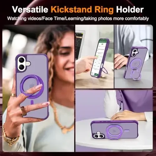 TOKVANZ iPhone 16 uchun 360° aylanadigan magnitli halqali stendli g'ilof [Mag-Safe mos] [Harbiy darajadagi himoya] Ayollar va erkaklar uchun yarim shaffof matli telefon g'iloflari 6.1'', binafsha - 4