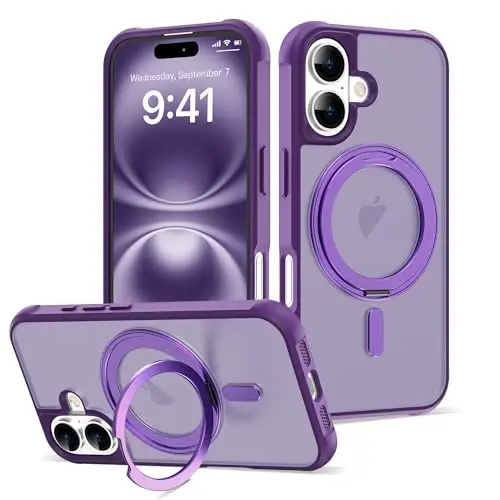 TOKVANZ iPhone 16 uchun 360° aylanadigan magnitli halqali stendli g'ilof [Mag-Safe mos] [Harbiy darajadagi himoya] Ayollar va erkaklar uchun yarim shaffof matli telefon g'iloflari 6.1'', binafsha - 1